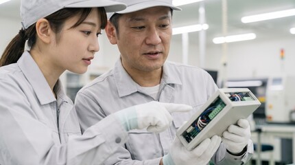 Fototapeta premium 製造業の工場で電子部品の配線を確認し品質管理のOJTを行う日本人男女の作業員