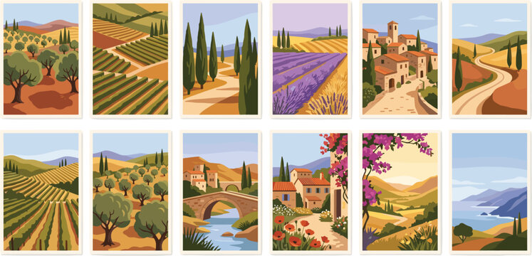 Tuscany landscape vector card set featuring Italian countryside vineyards olive trees cypress paths lavender fields and rustic villages