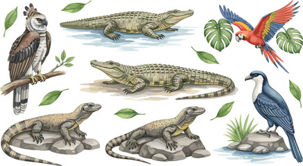 Tropical wildlife animals vector elements set featuring realistic crocodiles komodo dragons macaw parrot eagle and green monstera leaves © Kulsum