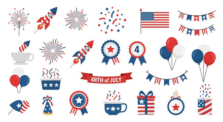 Fototapeta premium Patriotic icons, 4th of July elements, American symbols, red white blue graphics, festive illustrations isolated on White Background 4th july, editable vector