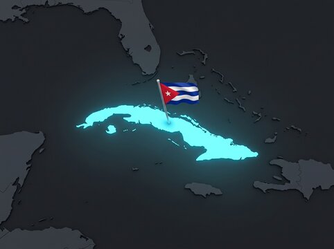 Glowing map of cuba island with national flag location marker, caribbean