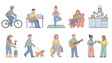 Fototapeta premium Flat design collection of diverse people lifestyle routines isolated
