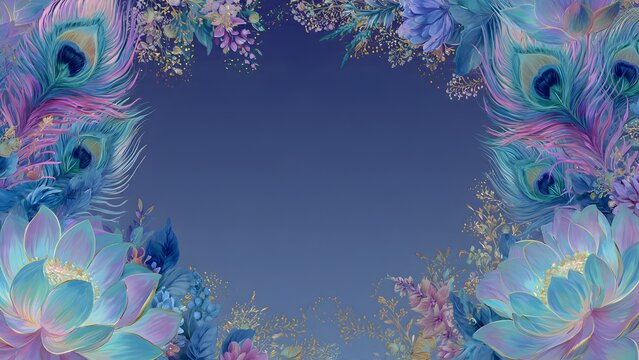 Decorative blue frame with peacock feathers and lotus flowers for festival background.