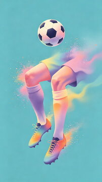 Creative Soccer Legs Juggling Ball with Colorful Powder Smoke, Turquoise Background &ndash; For Dynamic Sports Art & Football Creative Poster Design