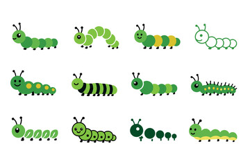 Naklejka premium Cute cartoon caterpillar vector illustrations set featuring various green insect characters with different patterns, shapes, and friendly smiling faces for children design