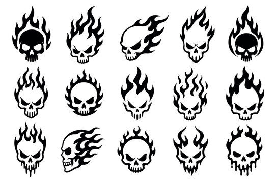 Flaming skull vector icons with fire details featuring various evil and aggressive designs suitable for tattoos, biker emblems, gothic graphics, and heavy metal merchandise