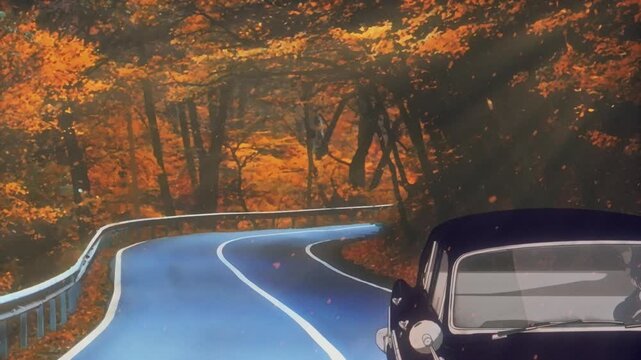 Ghibli Inspired Lofi Anime Animation of Classic Car on Mountain Road Bend