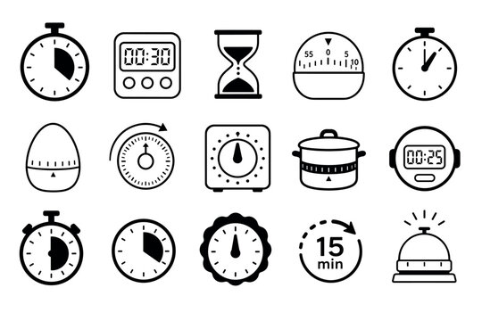 Vector set of kitchen timer and stopwatch icons featuring various designs like hourglass, digital clock, egg timer, cooking pot timer, and service bell for time management