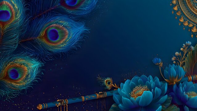 Decorative peacock feather and flute border on a dark blue background