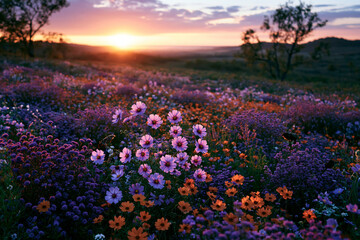 Fototapeta premium flower fields during golden hour, vibrant colors glowing under sunset light, photorealistic photography.