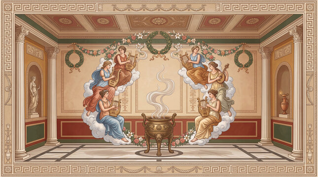Ancient Roman Villa Atrium Fresco with Bronze Incense Burner Painting, wall art decor, Classical Interior Heritage Artwork
