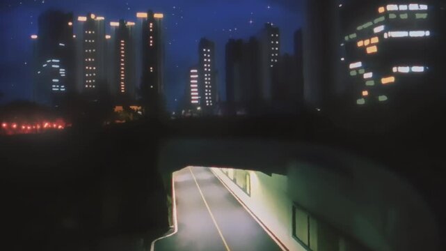 80s Anime Lofi Style Car Entering Underpass Tunnel at Night