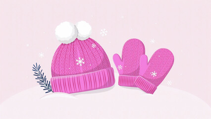 Pink polka dot knit hat and mittens set on white surface © FARUK
