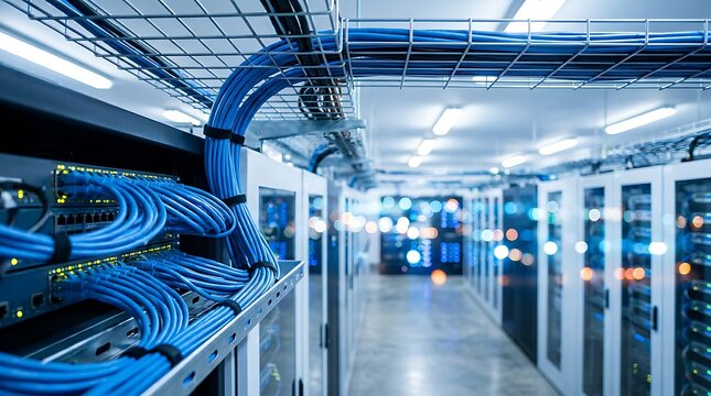 Server room with organized blue network cables connecting rows of storage rack hardware within modern data center infrastructure providing connectivity for cloud computing systems equipment.