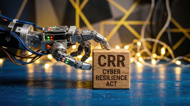 Robotic Hand Reaching Wooden Block with 'CRR' & Cyber Resilience Act Concept: Futuristic Robot Points