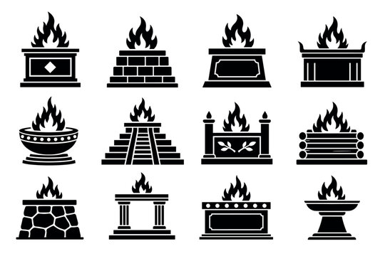 Ancient altar and ritual fire silhouette icons representing historical shrines, sacred temples, sacrificial hearths, and ceremonial braziers for pagan or religious worship