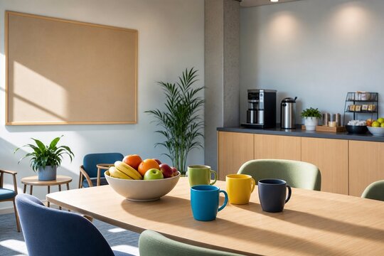 Happy workplace break room with fruit bowl, colorful mugs, blank board and sunny modern lounge seating