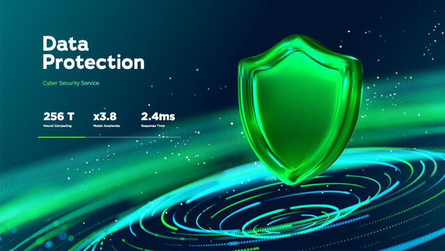 Cybersecurity Security Protection Shield Technology Network With A Neon Glass Emblem Above Digital Rings, Presenting Secure Infrastructure, Threat Defense, And Online Data Safety. Vector Illustration.