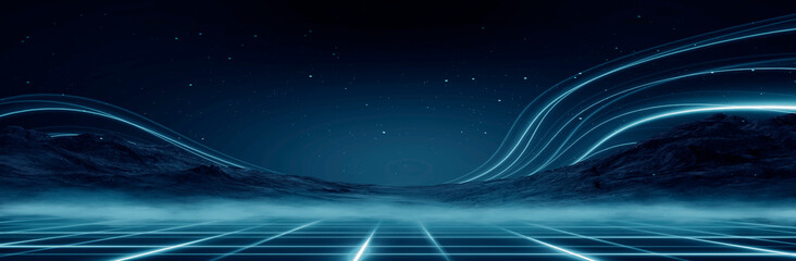 Fototapeta premium Futuristic night landscape, blue neon, geometric shape in the center, cold planet. Neon light reflected in water. 3D illustration.