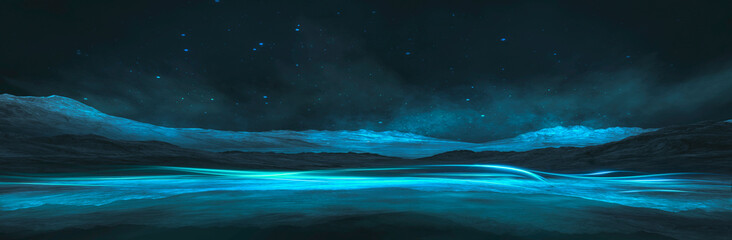 Fototapeta premium Futuristic night landscape, blue neon, geometric shape in the center, cold planet. Neon light reflected in water. 3D illustration.