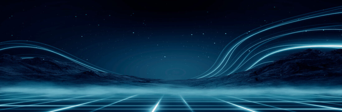 Futuristic night landscape, blue neon, geometric shape in the center, cold planet. Neon light reflected in water. 3D illustration.