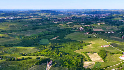 Obraz premium Aerial View of Rolling Green Vineyards and Hills in Piedmont Italy