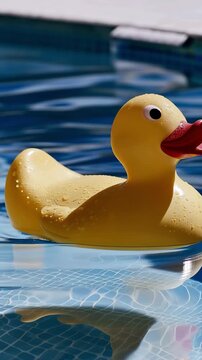 Yellow rubber duck floating on crystal clear water, vertical video featuring playful summer vibes, gentle ripples and cheerful childhood nostalgia