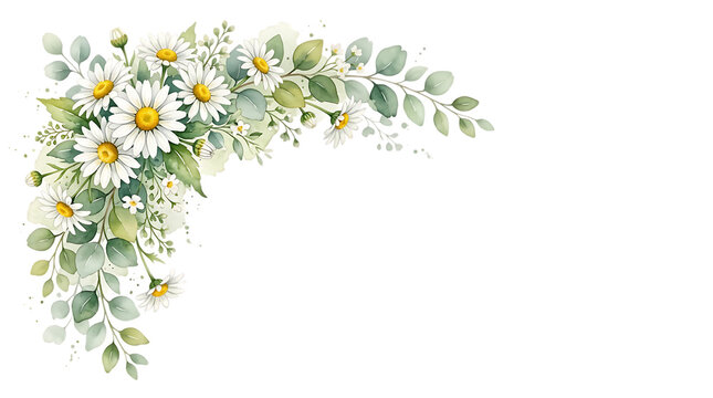 Watercolor Daisy and Eucalyptus Corner Border Clipart - Elegant Summer Floral Arrangement Isolated on Transparent Background