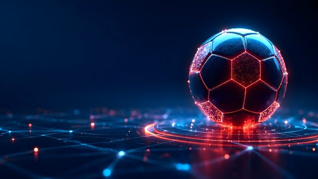 Futuristic Soccer Ball with Neon Lights and Digital Network Connections on Dark Background