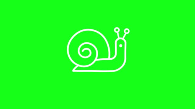 Animation of a snail moving across a green background, snail icon with a spiral-line shell pattern, 4K video.