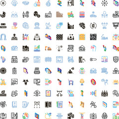 Naklejka premium Large collection of diverse pictograms illustrating various business, logistics, lifestyle, healthcare, and technology concepts on a clean white background