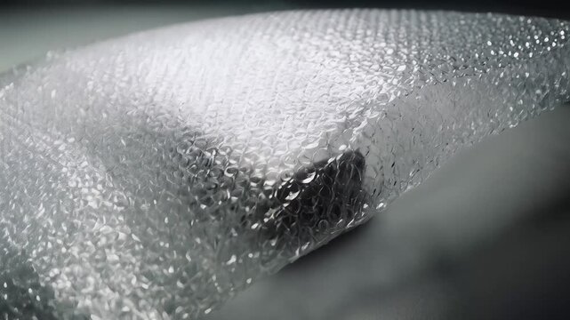 Close-up macro panning shot of clear bubble wrap protecting a delicate item, showcasing texture, light refraction, and protective packaging, symbolizing fragility