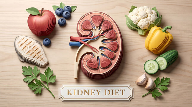 Kidney Diet Infographic with Healthy Foods for Renal Health and Chronic Kidney Disease Nutrition in Layered Paper Cut Style