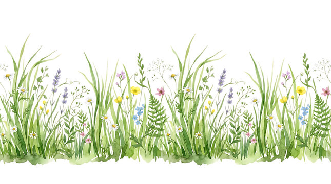 Watercolor Wildflower Meadow Border Clipart - Seamless Summer Green Grass and Floral Field Isolated on Transparent Background