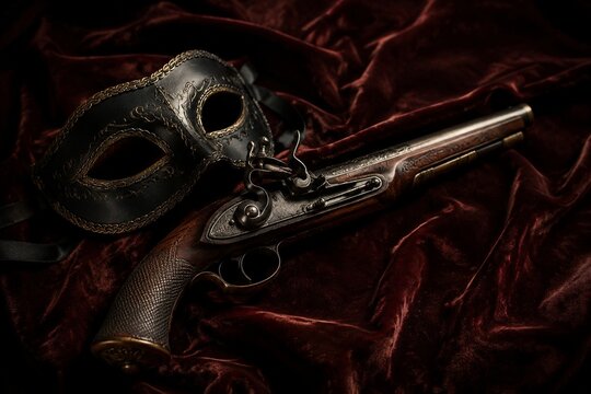 Antique flintlock pistol and black mask arranged on faded velvet fabric, historical still life.