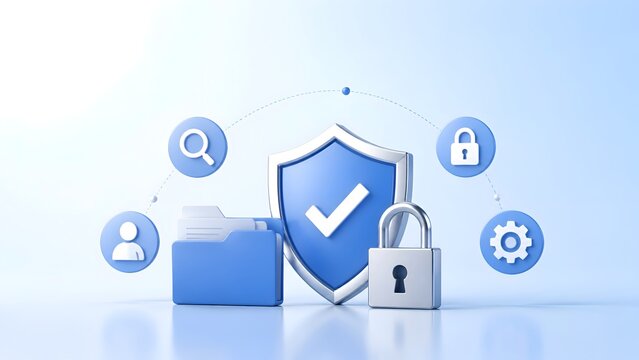 Digital Security Concept with Shield, Lock, Folder, and Icons Representing Data Protection and Access Control