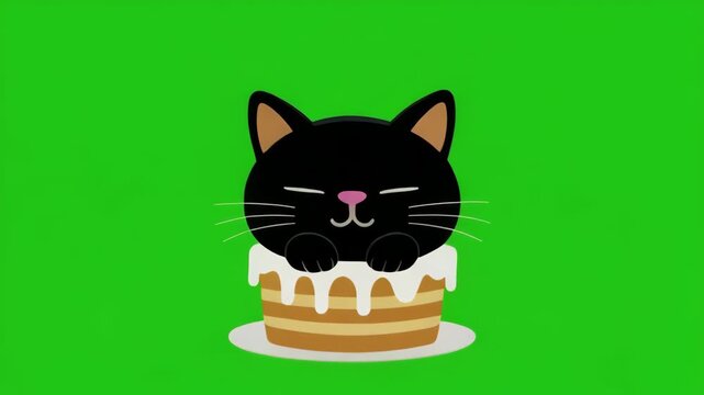 Cute black cat character with cream on pancakes in a repeating pattern against a green screen background