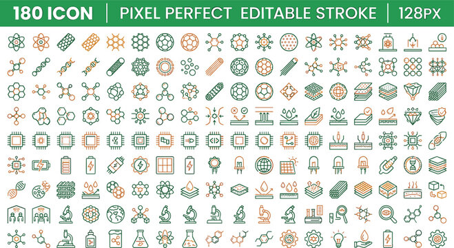 Nanotechnology molecular structure science line icon set biotechnology chemistry physics material engineering laboratory research atom graphene cell vector graphic.