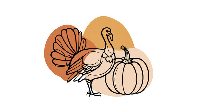 Minimalist Boho Line Art Thanksgiving Turkey and Pumpkin with Autumn Shapes