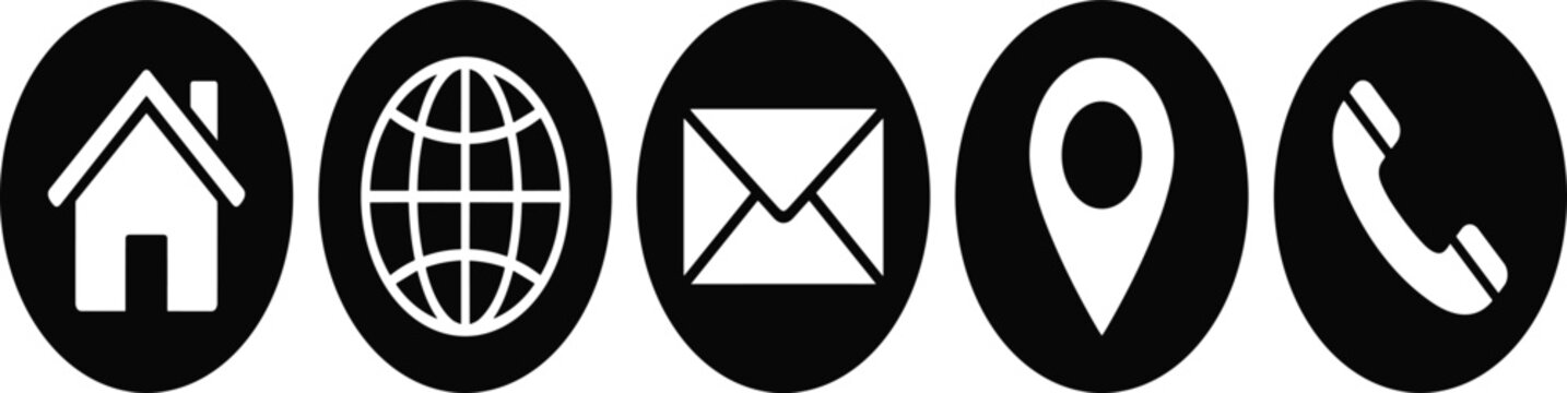 Modern black communication and navigation icon set with home globe email location and phone symbols vector illustration