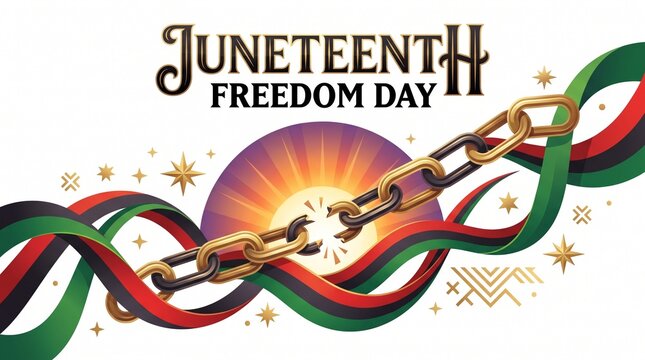 Juneteenth Freedom Day celebration banner, broken metal chains with sunrise background, Pan-African colors ribbons and stars on white