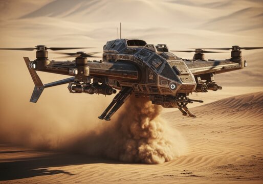 Futuristic military drone hovering over a desert landscape