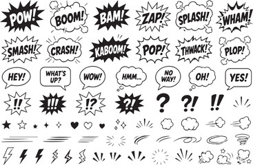 Fototapeta premium Speech bubbles and action graphics vector set – comic book dialogue balloons thought bubbles and action word effects, hand drawn doodle illustration for comic strip, graphic novel and social media