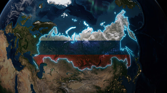 Russia map silhouette with glowing national flag colors on earth globe view