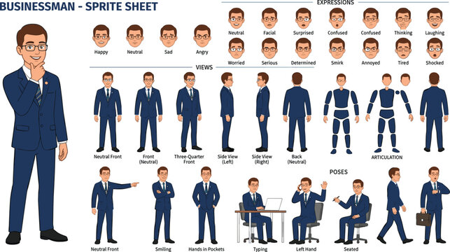 Businessman character sprite sheet vector illustration showing full body views animation poses facial expressions and articulation rigs