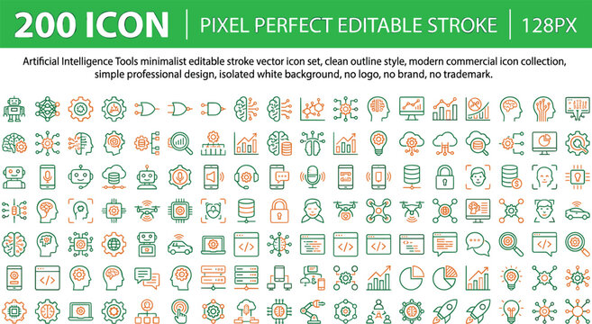 Artificial intelligence tools machine learning line icon set neural network chatbot facial recognition big data automation vector graphic.