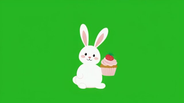 Cute bunny holding cupcake with seamless loop motion on green background