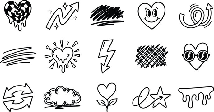 Y2K retro style hand drawn doodle elements vector icon set