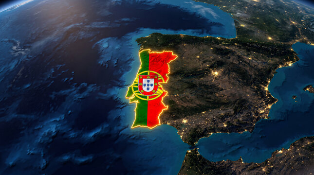 Portugal flag mapped over satellite earth view at night with portugal, satellite