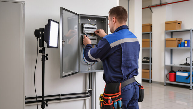 Electrical engineer servicing fuse box